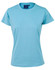A light blue semi-fitted cotton T-shirt for women with short sleeves and a tag inside. Features a logo.