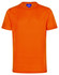 An orange short-sleeve performance tee with a round neckline and a logo on the label.