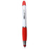 A ballpoint pen with a white body, red accents, and a clip. It features a silver section and has a logo.