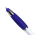 A ballpoint pen with a blue rubber grip and a silver accent, featuring a white barrel and a logo.