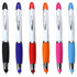 A selection of six ballpoint pens with coloured grips, featuring black, blue, red, orange, pink, and purple options. Each has a logo.
