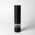 A rechargeable salt and pepper grinder in black with a transparent base, featuring a control knob and a logo.