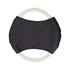 A black fabric toy with a white rope handle, designed for dogs, featuring a rounded shape.
