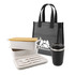 A black drink bottle, grey tote bag, two food containers with bamboo lids, and cutlery set. The bag features a logo.