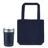 A dark navy tote bag next to a stainless steel drink container with a lid. Both items feature a logo.