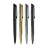 A set of four metal pens in black, gold, silver, and gunmetal grey, each featuring a textured grip and clip.