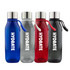 A drink bottle collection featuring blue, clear, red, and grey Tritan bottles with silver lids and straps. Each has a logo.