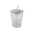 A glass ice coffee cup in clear with a ribbed design and a straw, featuring a lid and a built-in spout.
