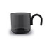 A glass tea and coffee cup in a smoky black colour with a curved handle. There is a logo present.