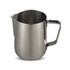 A stainless steel milk jug with a pouring spout and a handle, perfect for tea and coffee accessories.