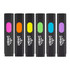 A set of six highlighters in black cases, featuring pink, orange, yellow, green, and blue accents, with a logo.