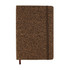 A brown A5 notebook with a textured cover and a brown elastic band, featuring a logo on the front.
