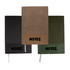 A notebook set featuring three A5 notebooks in black, brown, and green, each with a textured cover and a logo.
