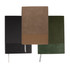 A set of three A5 notebooks in black, olive green, and tan, featuring textured covers and ribbon bookmarks.