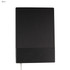 A black A5 notebook with a textured cover and a smooth bottom section. Contains a logo on the front.