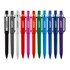 A collection of plastic pens in black, silver, red, green, blue, and purple, featuring a logo on each pen.