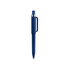 A blue plastic pen with a silver tip and an attached clip, featuring a logo.
