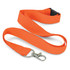 An orange RPET lanyard with a metal clip and a black plastic buckle for attachment.