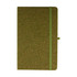 A green notebook with a textured cover and an elastic band closure, featuring a logo on the front.