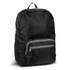 A foldable backpack in black with a green zippered front pocket, featuring a carrying handle on top.