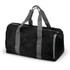 A black foldable duffle bag with grey straps and a zip closure, featuring a logo.