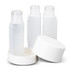 A travel bottle set featuring three clear bottles with white lids and a white base.