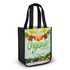 A black tote bag with a vibrant, fruit-themed graphic and an organic shop logo.