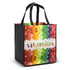 A tote bag featuring a vibrant design with various fruits and vegetables in bright colours, along with a logo.