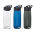 A drink bottle collection featuring three colours: clear, blue, and dark green, with a spout and a lid.