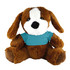 A brown plush dog wearing a blue shirt. The dog has floppy ears and a fluffy white snout.