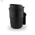 A black double wall coffee mug with a lid and a handle, featuring a sleek design and a branded logo.