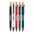 A set of five Sio Metal Pens in black, white, red, green, and blue, featuring a bamboo top and branding.