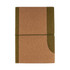 A cork notebook featuring a brown cover with a green accent, secured with an elastic band. It has a logo on the front.