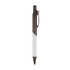 A metal pen featuring a white body and dark brown accent with a clip and branding.