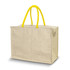 A beige cooler bag with yellow handles, featuring a zippered closure and a side pocket.