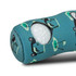 A teal golf ball holder with a playful pattern, designed to securely fit a golf ball. Features a branding logo.