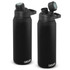 A drink bottle in black with a screw-top lid and a handle. The design features a logo.