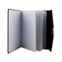 A black notebook with a clasp, featuring blank and lined pages inside. It has a simple, sleek design.