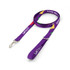 A purple dog lead featuring vibrant geometric patterns and a metal clasp. Includes a logo.