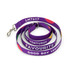 A purple sublimated dog lead with colourful patterns and metal clip, featuring branding elements.