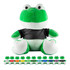 A large green frog plush with a black shirt, surrounded by smaller green frog plushes in various colours.