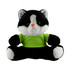 A black and white plush cat wearing a green shirt, sitting upright with big, round eyes. It has a logo on it.