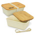 A beige lunch box with a bamboo lid, featuring a light rubber band for closure. It has a logo on the side.