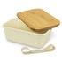 A cream-coloured lunch box with a bamboo lid and a silicone strap. The box has a smooth finish.