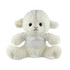 A soft, white sheep plush toy with a simple white shirt and black button eyes, featuring a round, cuddly shape.