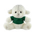 A fluffy white sheep plush toy wearing a green shirt, featuring stitched facial details and soft fabric.