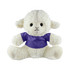 A white plush sheep wearing a purple shirt, featuring black button eyes and a stitched smile.