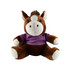 A brown and cream horse plush toy with a purple shirt and a friendly expression, featuring a small mane.