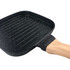 A gourmet non-stick square grill pan featuring a black surface with a speckled design and a wooden handle.