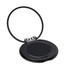 A black phone grip and stand with a circular, hinged design. It features a shiny finish and a branding logo.